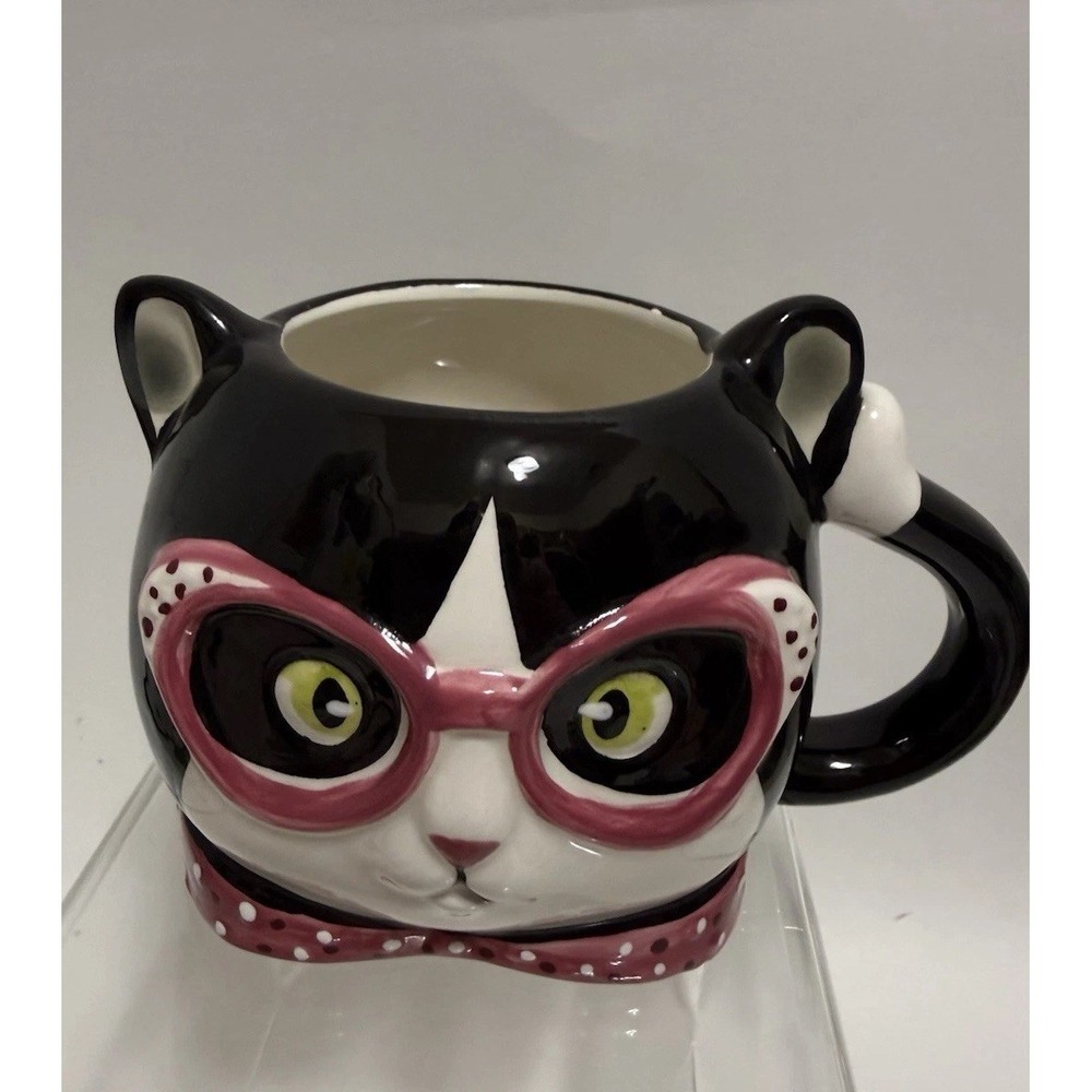 3D‎ Black Tuxedo Cat Ceramic Mug Pink Glasses Bow Tie     Cute Novelty